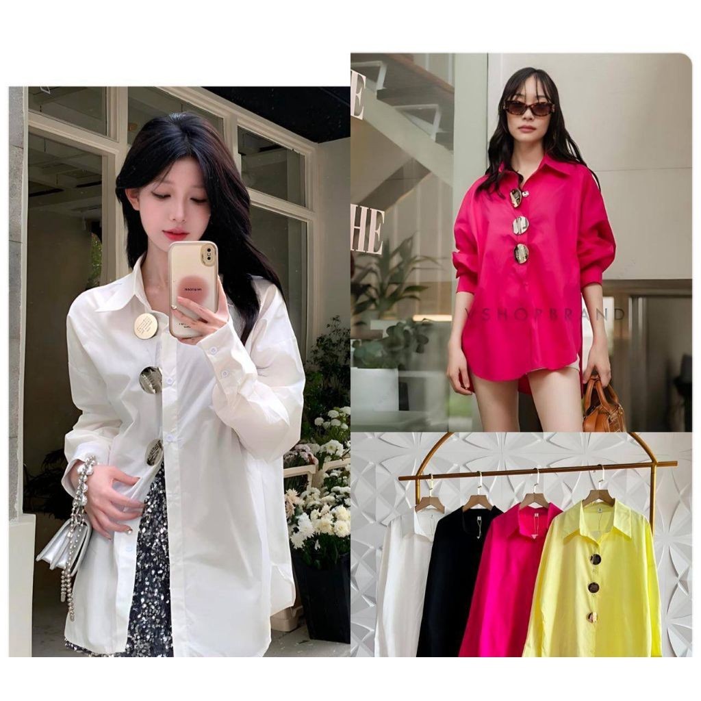 KEMEJA OVERSIZE WANITA VARIASI KANCING GOLD MOTIF TELINGA / POLOS FREE TRIPLE BROSS GOLD / MANIK SWA