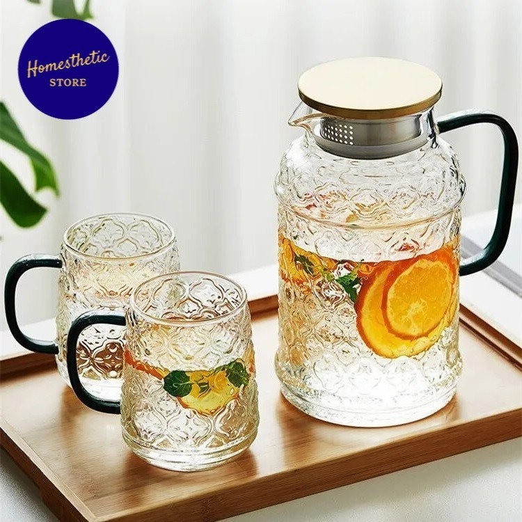 Set Cangkir Teko Pitcher Jug Kaca Teapot Teh Kaca Tahan Panas Api Borosilicate 1.8L with 2 Glass - 1