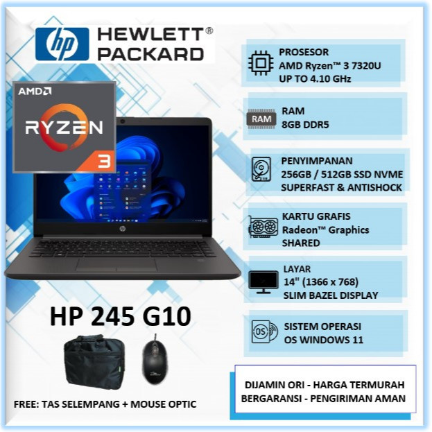 Laptop Slim HP 245 G10 Ryzen 3 7320U Ram 8GB SSD 256GB SSD 14" Windows 11 Home