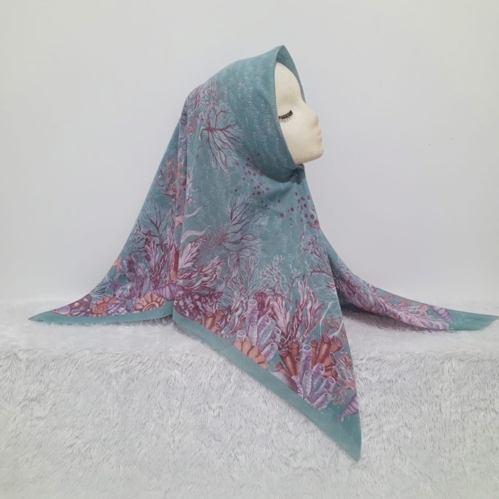 Hijab (Anami) jilbab segiempat motif biru hijau tosca mint voal