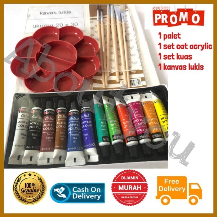 

PAKET LUKIS KOMPLIT 4 in 1 KANVAS Cat Akrilik Palet Kuas Set Melukis