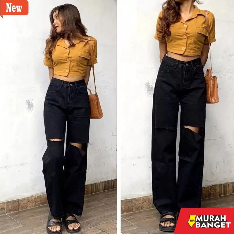 Celana panjang denim wanita- KULOT JEANS SOBEK HIGHWAIST //CELANA JEANS HITAM SOBEK //PUTIH SOBEK //