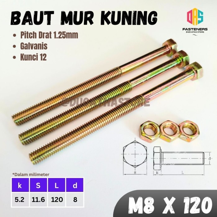 M8x120 Baut Mur Kuning BMK Hex M8 x 120 HT Galvanis