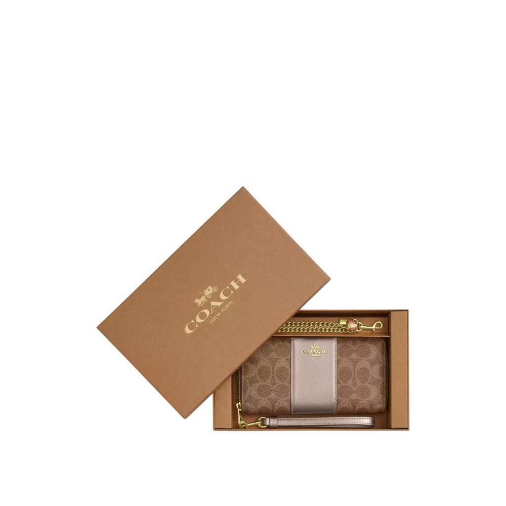 COACH Boxed Long Zip Around Wallet In Signature Canvas Gold Tan Light Champagne
