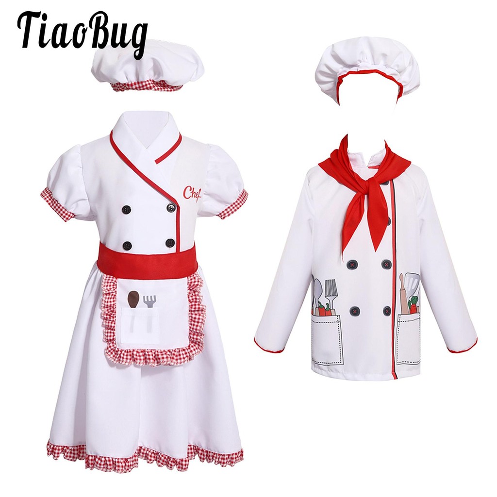 Kids Chef Apron Costume Boys Girls Chef Outfit Hat Top Chef Dress Apron Scarf Set Cooking Uniform Pl