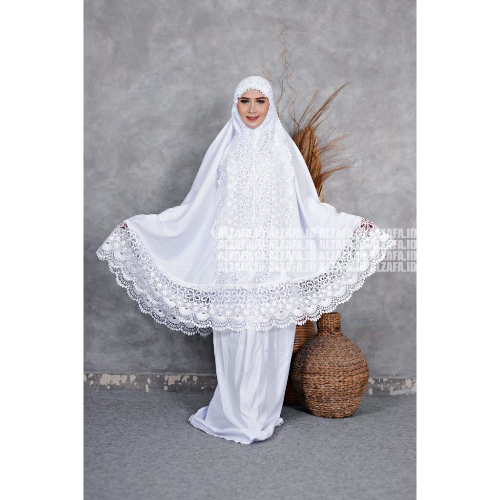 CG47UJ Mukena Dewasa Jumbo Katun Putih/Brokenwhite Renda Bunga Mawar/Bunga Melati Motif Renda KD Ful