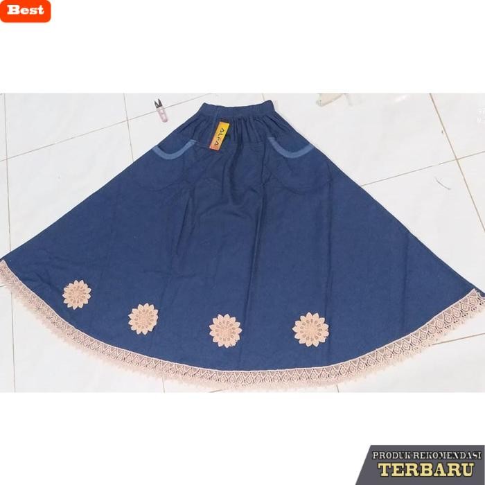 rok wanita kekinian ROK JEANS PANJANG WANITA RENDA - BIRU TUA, Int:L