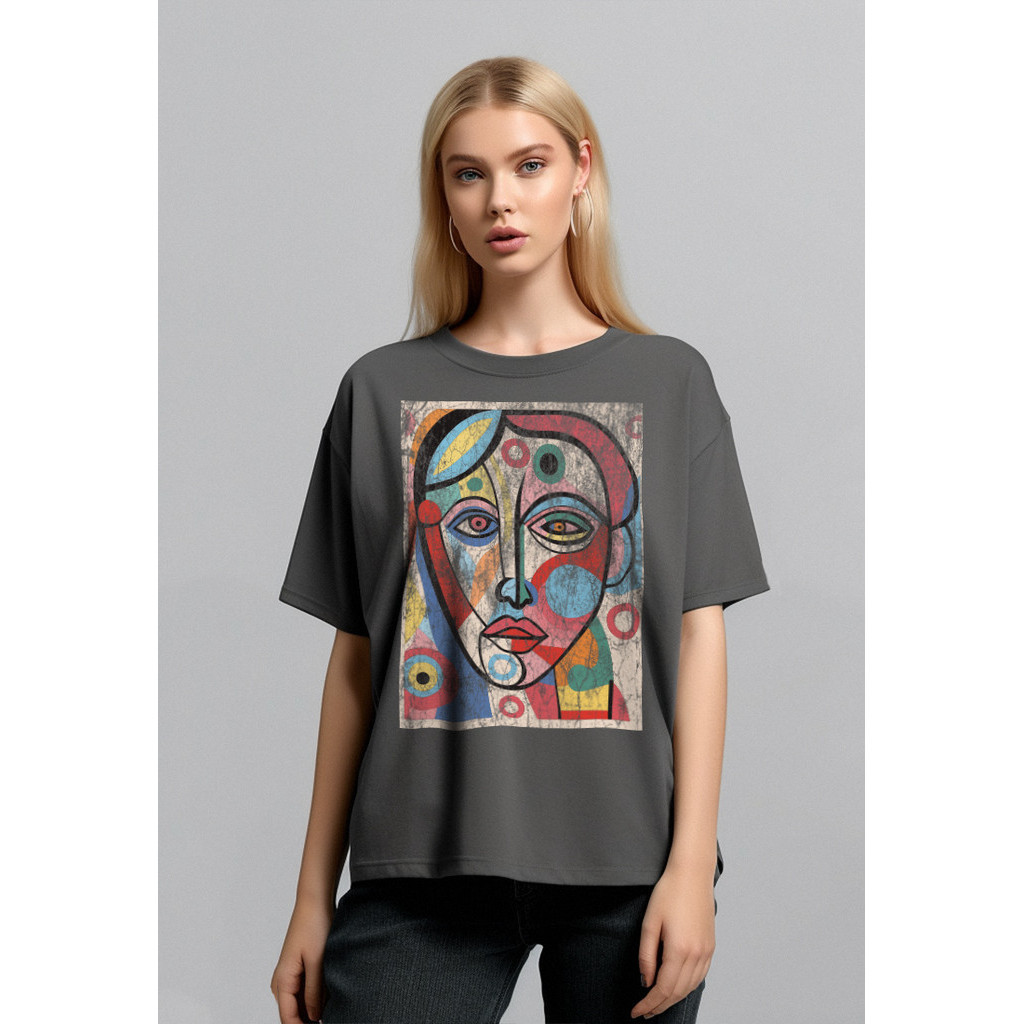 LTF38 kaos oversize wanita dark grey washed efek kaos band grunge distressed "cracked face" abu tua
