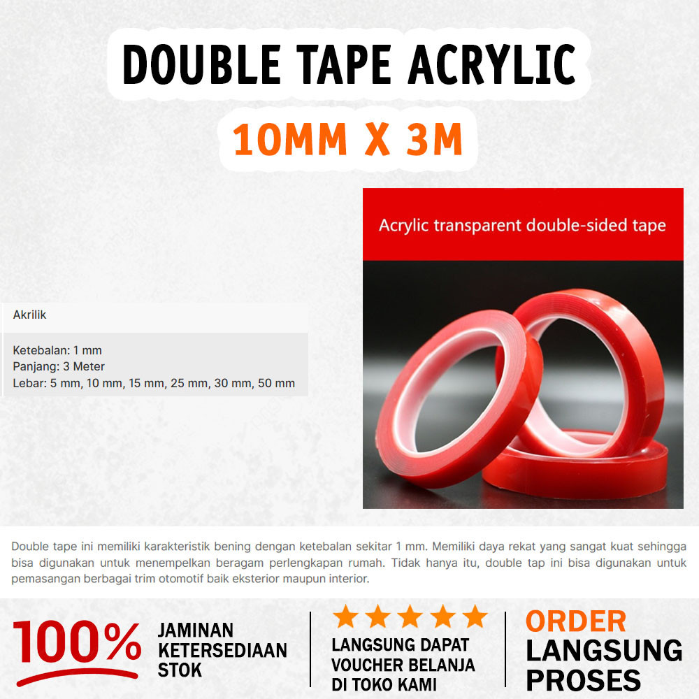 

Perekat Double Tape Acrylic Adhesive Transparent Sticker 10 mm x 3 m - New Product [ Red ]