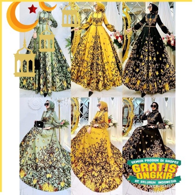 New Maxi Dress Shr Scuba Bunga Full Kancing/nude yellow kuning mustard