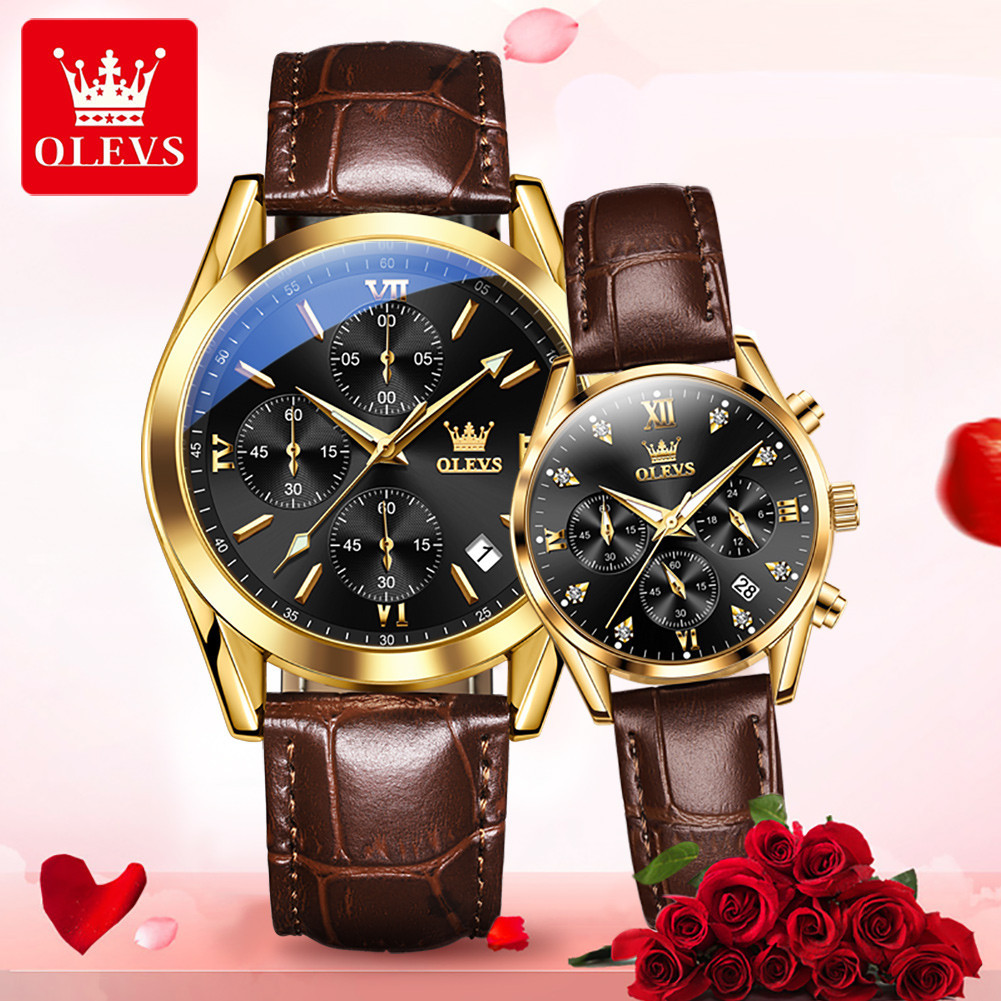 OLEVS Jam Tangan Mekanis Jam Tangan Gelang Kulit Mewah Logo Kustom Jam Tangan Pasangan Baja Tahan Ka