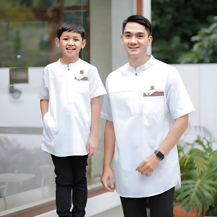 Baju Koko Kurta Couple Ayah Anak Lengan Pendek Toyobo Warna Hijau Sage - Putih, M Anak