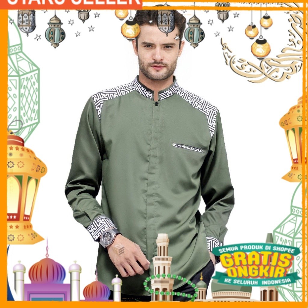 Baju Koko Pria Dewasa Lengan Panjang Warna Hijau Army Terbaru Series  - Baju Muslim - Koko Lengan Pa