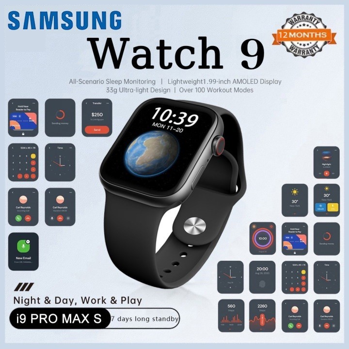Samsung SmartWatch i9 PRO MAX S Original Smartwatch 1.99 "HD Full Touch Screen Wireless Charge Android IOS Bluetooth Call Jam Tangan Pria Wanita 10+ Sport Modes Spo2 Waterproof Customizable Wallpaper Smartwatch