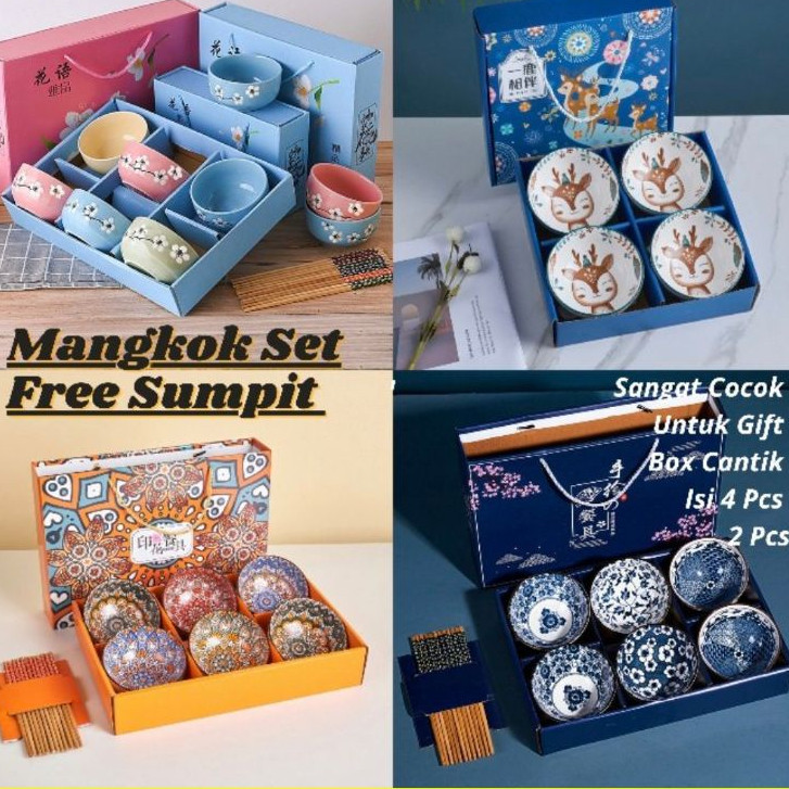 

MKR Mangkok Set Japan Motif Antik Bahan Keramik Plus Paper Bag dan Sumpit Mangkok Set Souvenir Bowl Set Mangkok Keramik Set Gift Set Motif Batik/ Baru Mewah