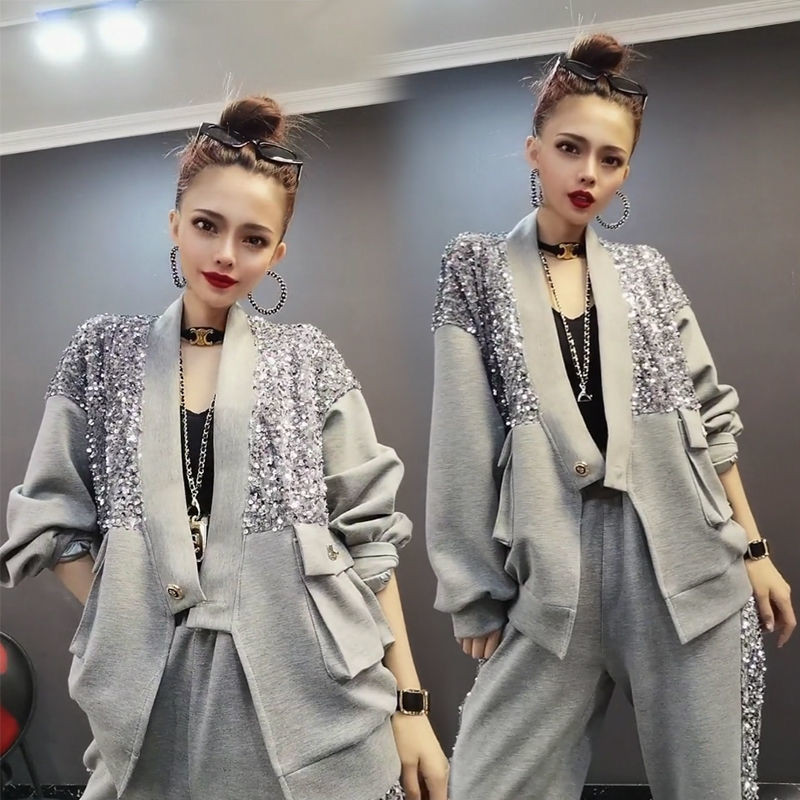 New splicing worker sequin two-piece set for women's clothing