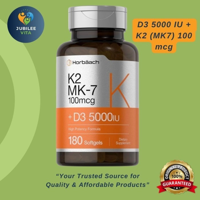 Horbaach Vitamin D3 5000iu K2 MK7 100 mcg Imun Tulang, 180 softgels
