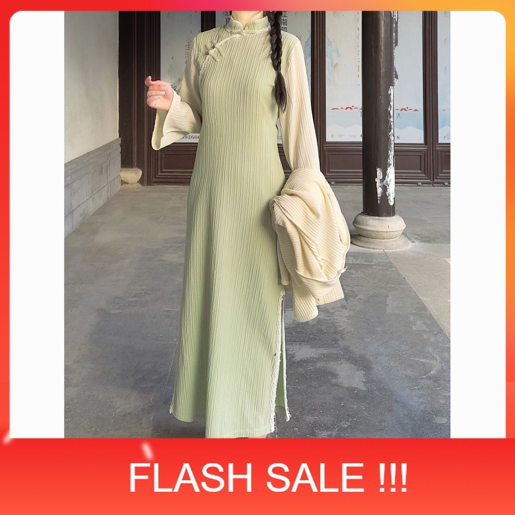 PROMO Gaun cheongsam hijau muda longgar retro longgar