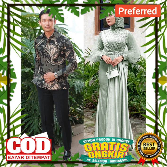 EMRAN BATIK- Batik Couple Kondangan Adeeva Gamis Melody Brukat Dress Kondangan Modern Satin Mix Brok