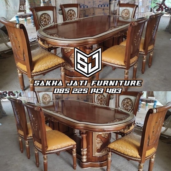

set kursi meja makan ukir salina kayu jati finising kombinasi gold murah