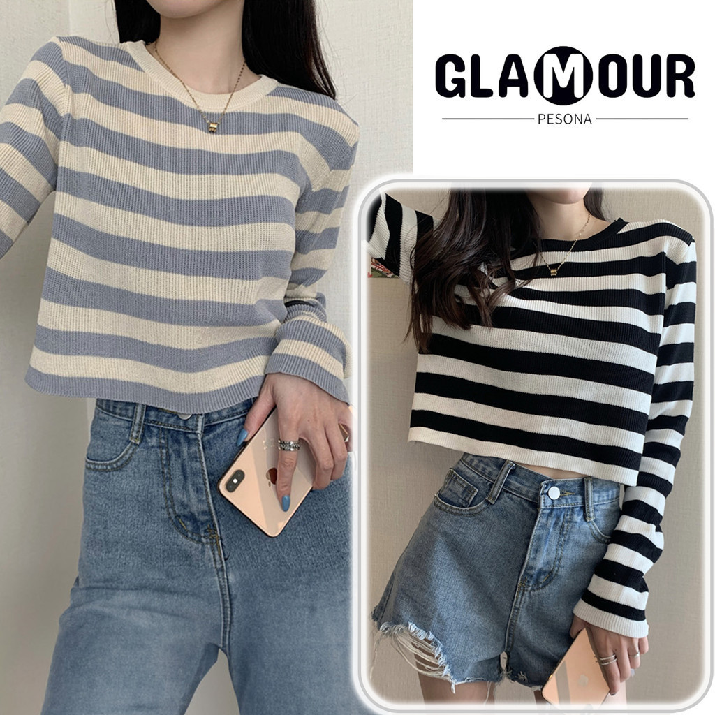 GLAMOUR PESONA Sweater Crop Top Rajut Leher Bulat Motif Garis Joly Korean Style Wanita