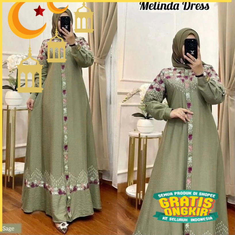 MELINDA DRESS Crinkle Airflow Premium Gamis Kringkel Kombinasi Bordir Gamis Terbaru Elegan Simple Me