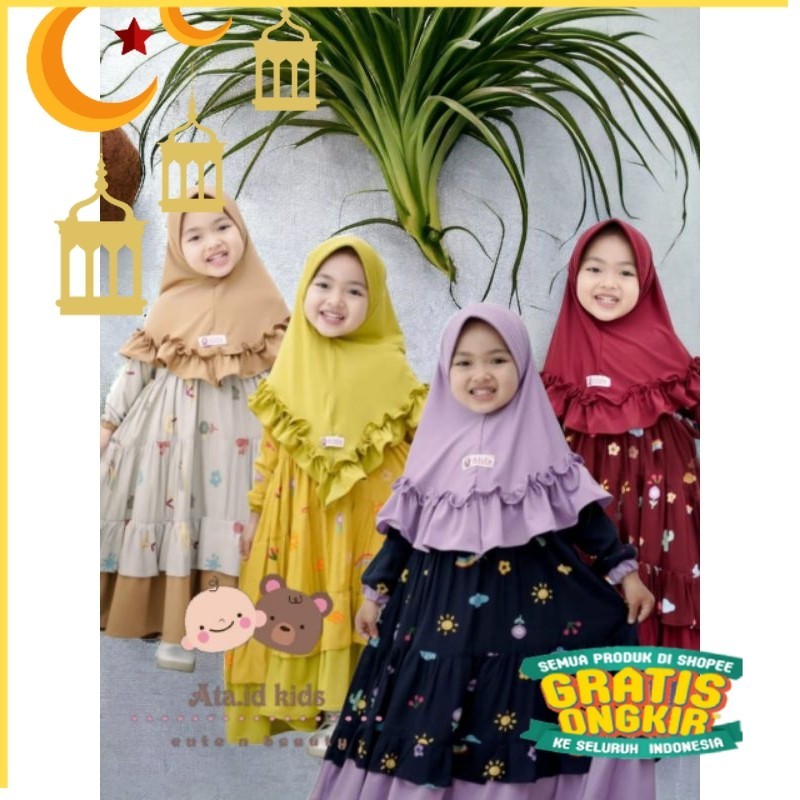 [ ata.id kids ] Cimoy gamis muslim anak perempuan motif pelangi free jilbab/Maron merah bata red ana