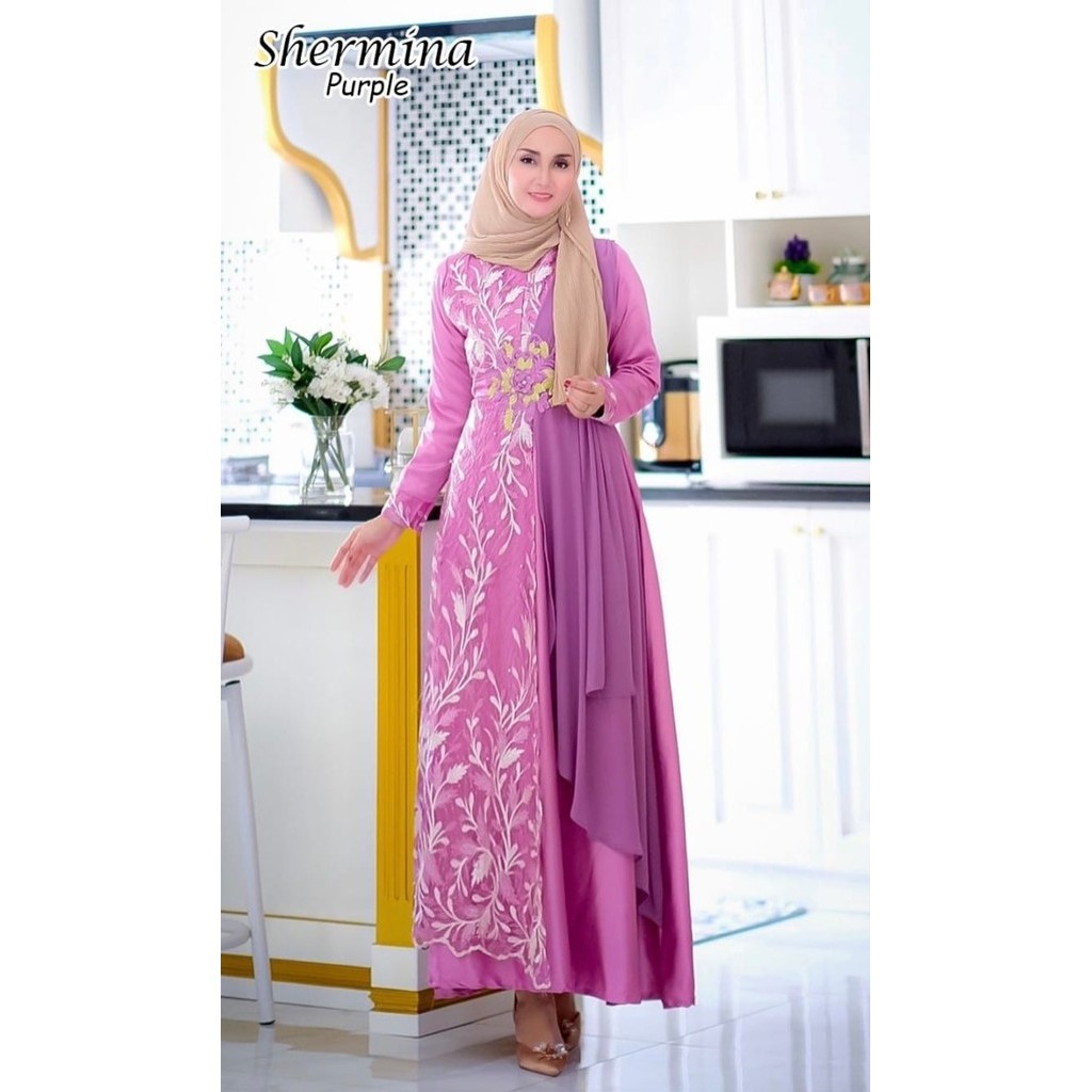 MAXI SHERMINA syari GAMIS Cantik pesta lebaran SERAGAM Muslim JUMBO - Dusty