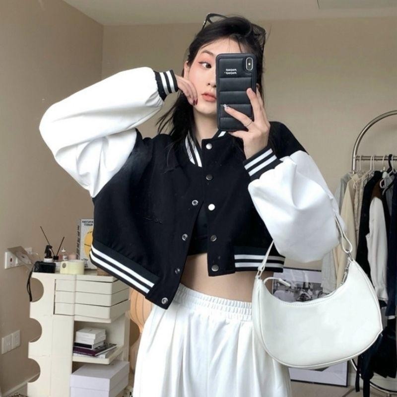 Jaket Baseball Varsity CROP Big Size ( S - 6XL ) Jacket Bisbol Croptop Kancing Bomber POLOS Ulzzang 
