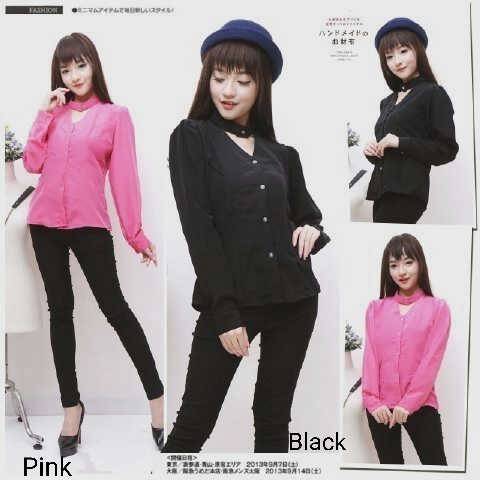 Baju Hem ozawa OX Blouse Wanita twiscone Hitam/Pink Kekinian