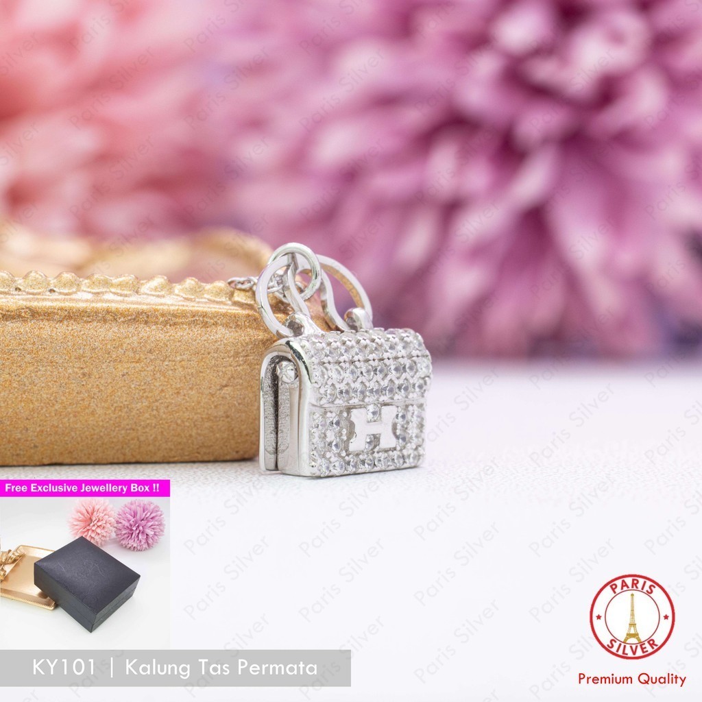 Kalung Tas Permata Perak Asli Silver 925 Lapis Emas Putih Liontin Wanita Cewek Fashion Korea Elegan