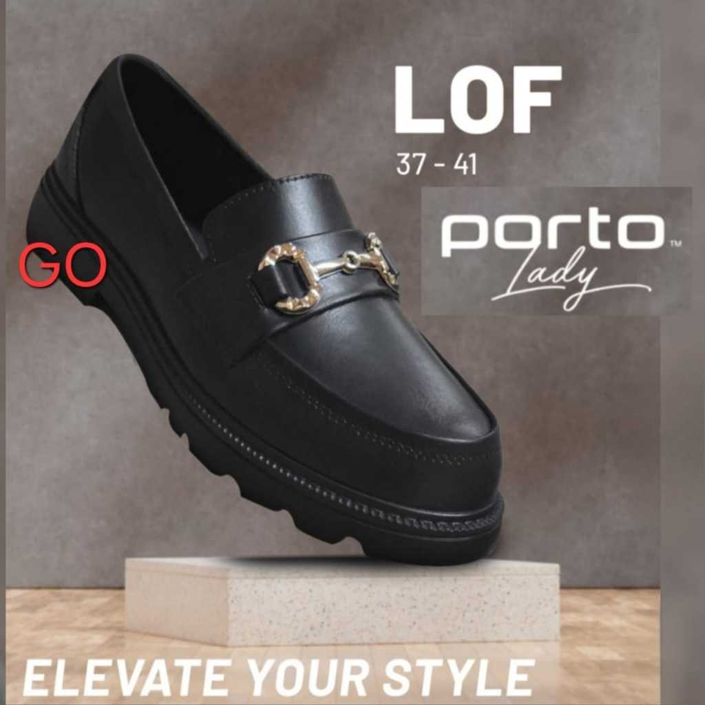 ago PORTO LADY LOF & FGF & TIA Sepatu Sekolah Sepatu Kerja Pantofel Wanita Hitam Karet Sepatu Wanita