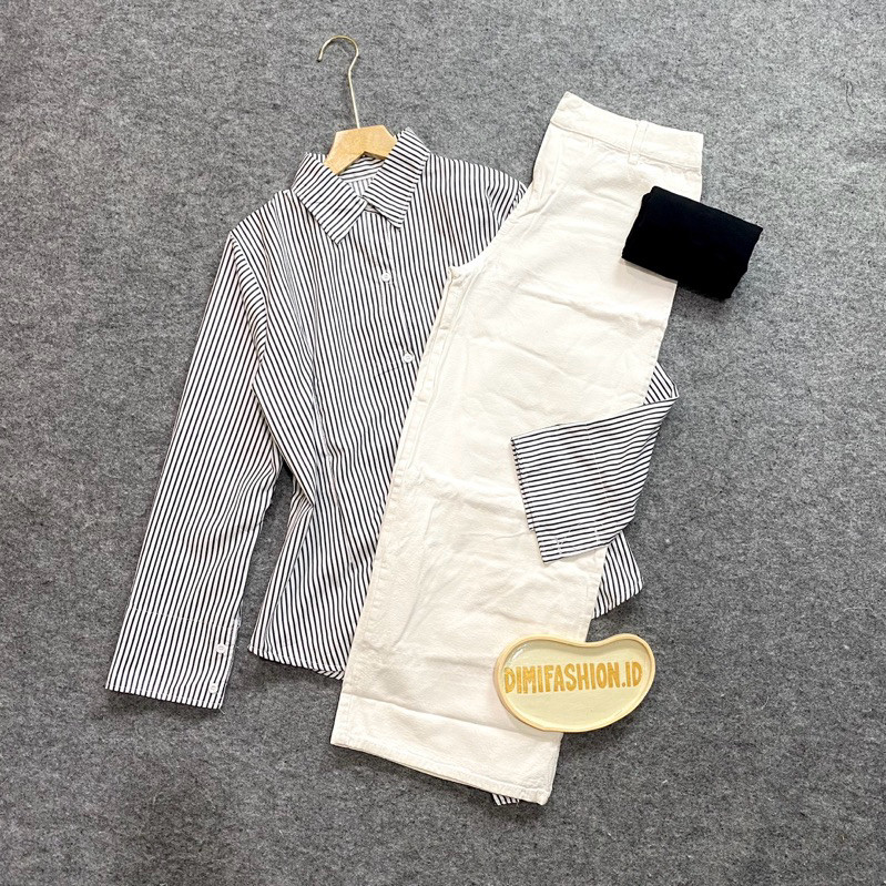 OOTD KALUNA set /paket ootd (kemeja stripe+hijab square+kulot jeans) outfit hangout