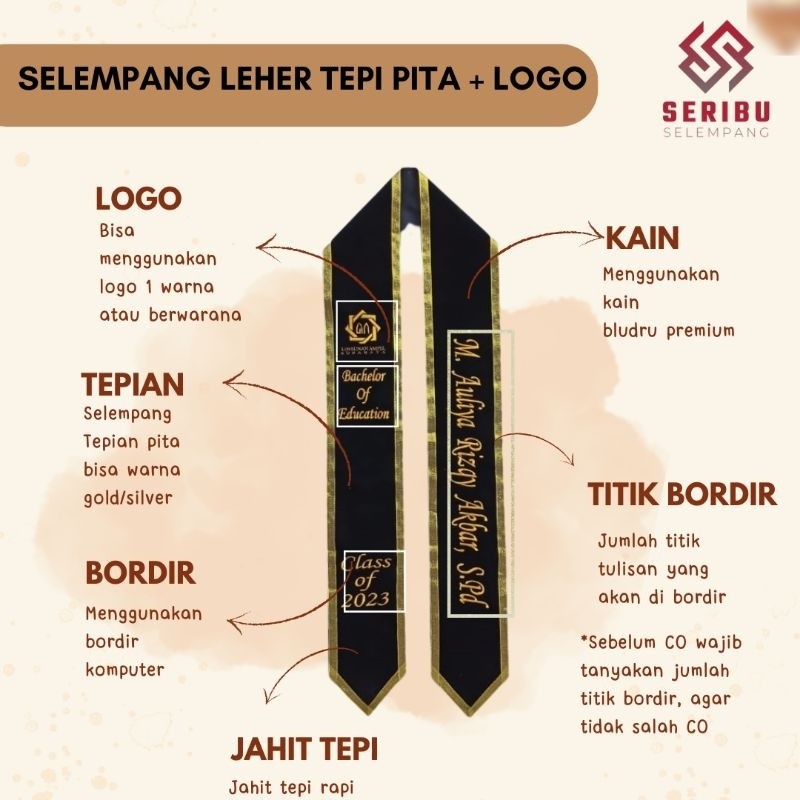 [KILAT 1 HARI JADI] Selempang leher tepi pita + logo/Selempang wisuda tepi pita + logo/Selempang leh