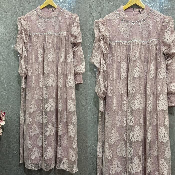 [Terbaru] GAMIS HAIFA VOLL2 BRUKAT MAWAR COUPLE IBU DAN ANAK by OHC - SOFT PINK, Ibu standar