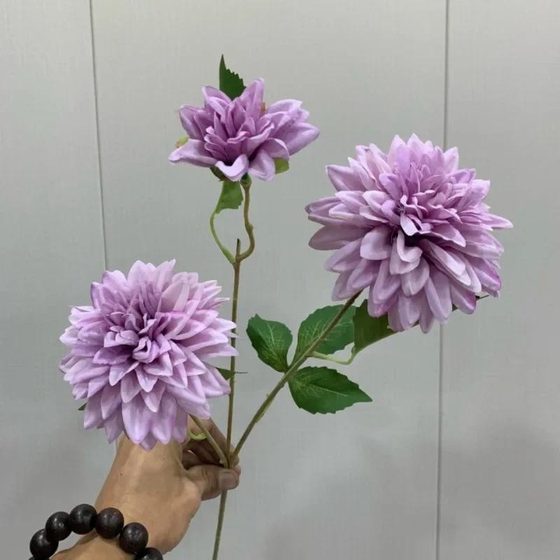 

Beautiful dahlia artificial flower 3 heads long branch silk fake flowers for home wedding decoration flores bedroom table decor