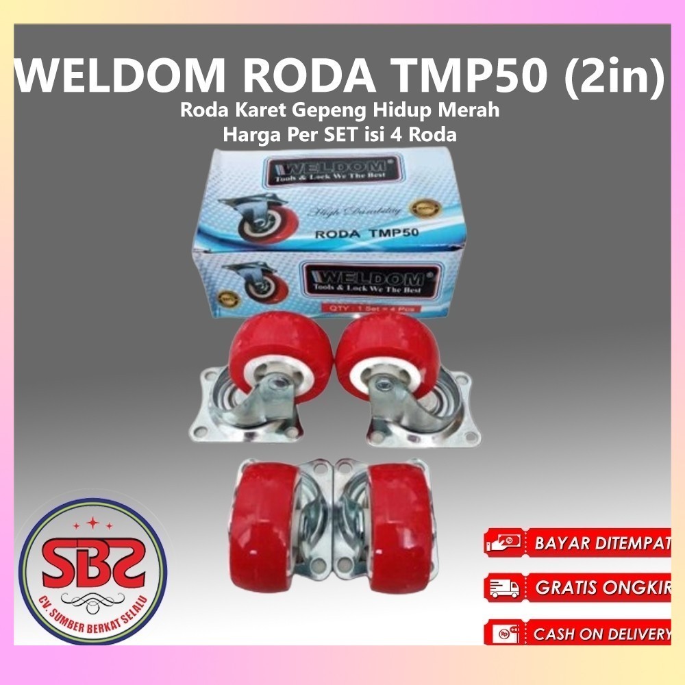 WELDOM Roda Karet Hidup Merah 2 inchi isi 4 pcs / Roda Karet Gepeng Hidup Merah Weldom (Roda Bundar 