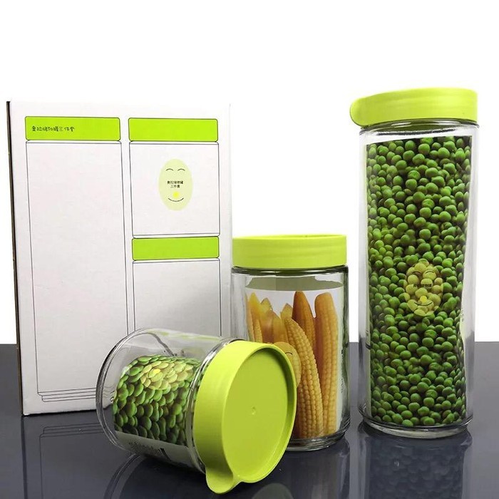 Set isi 3 Kotak Toples Kaca Bening Transparan Tebal Makanan Cemilan Snack Kacang Bumbu Kue Biskuit Marine Set 3 in 1  Ever Green Tank Tempat Penyimpanan Korea 3 Ukuran Glass Jar Container Canister Hadiah Hampers Kedap Udara BPA Free Toples Set Tutup Hijau