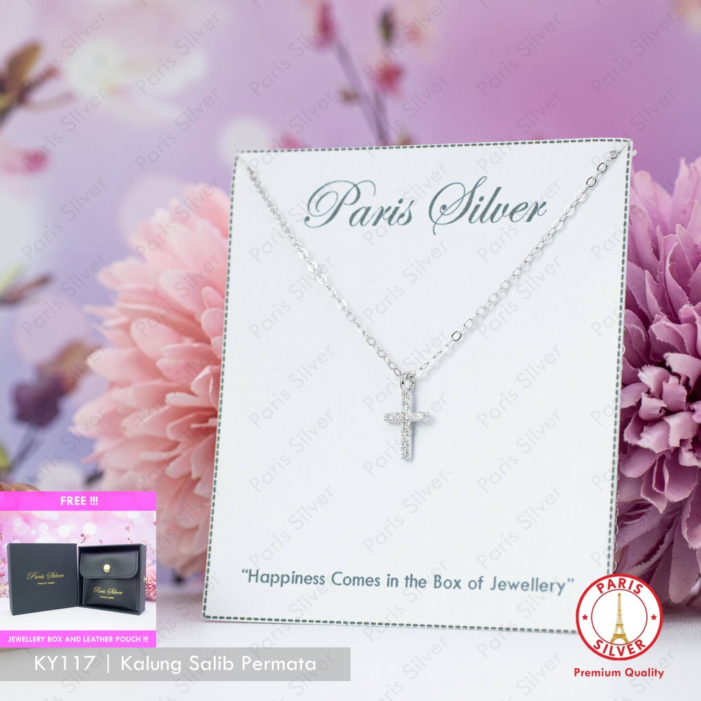 Kalung Salib Kecil Full Permata Perak Asli Silver 925 Lapis Emas Putih Salip Wanita Cewek