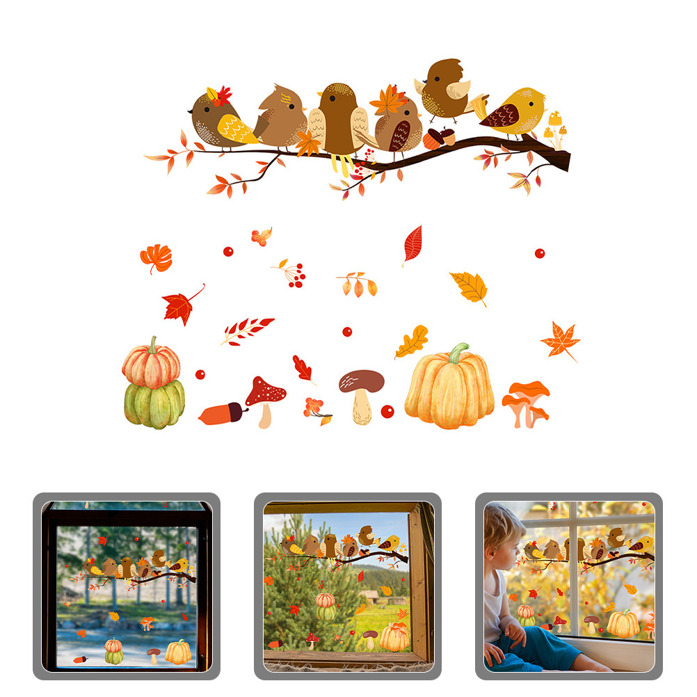 

Fall Window Cling Static Birds Branch Pumpkin Window Decal Fall Harvest Festival Decoration Autumn Window Decal