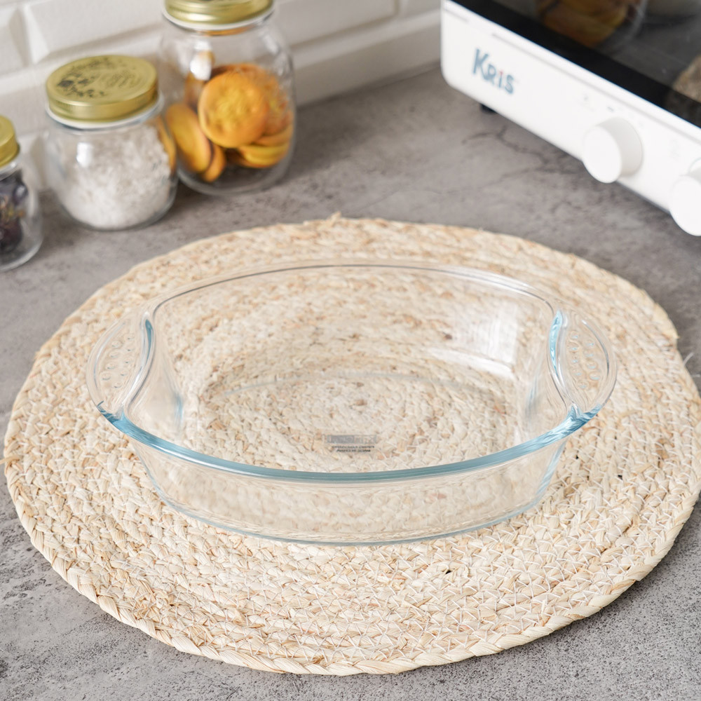 Baking Tray Wadah Saji Kris 1.3 Liter Loyang Oven Kaca Tebal Oval Dengan Gagang 26 x 8.1 x 5.8 cm Ku