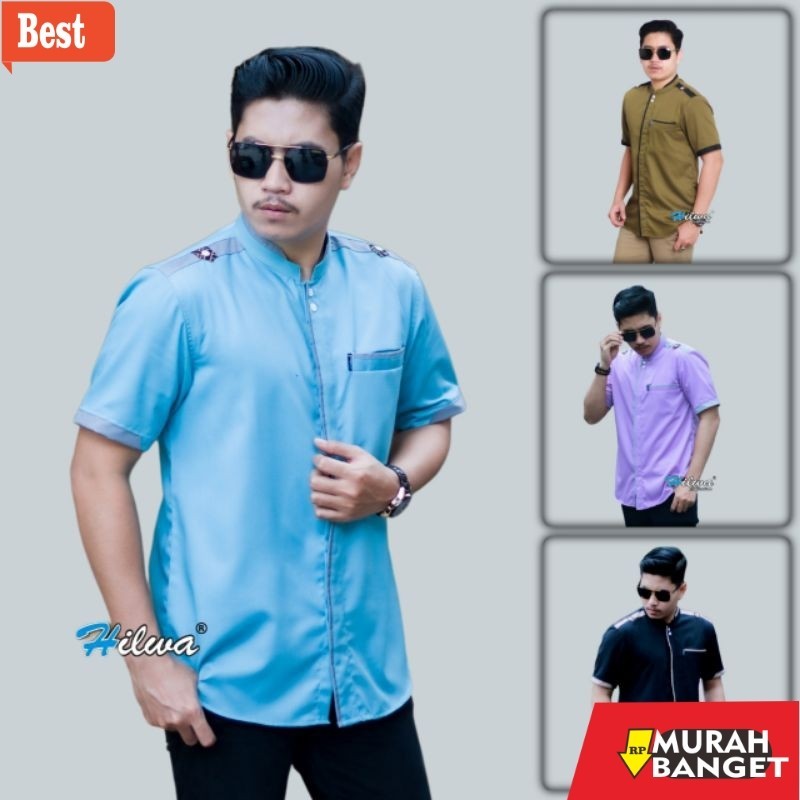 Baju muslim pria pendek- Kemeja Baju Koko Muslim Pria Dewasa Modern Kombinasi Batik Kain Katun Lenga