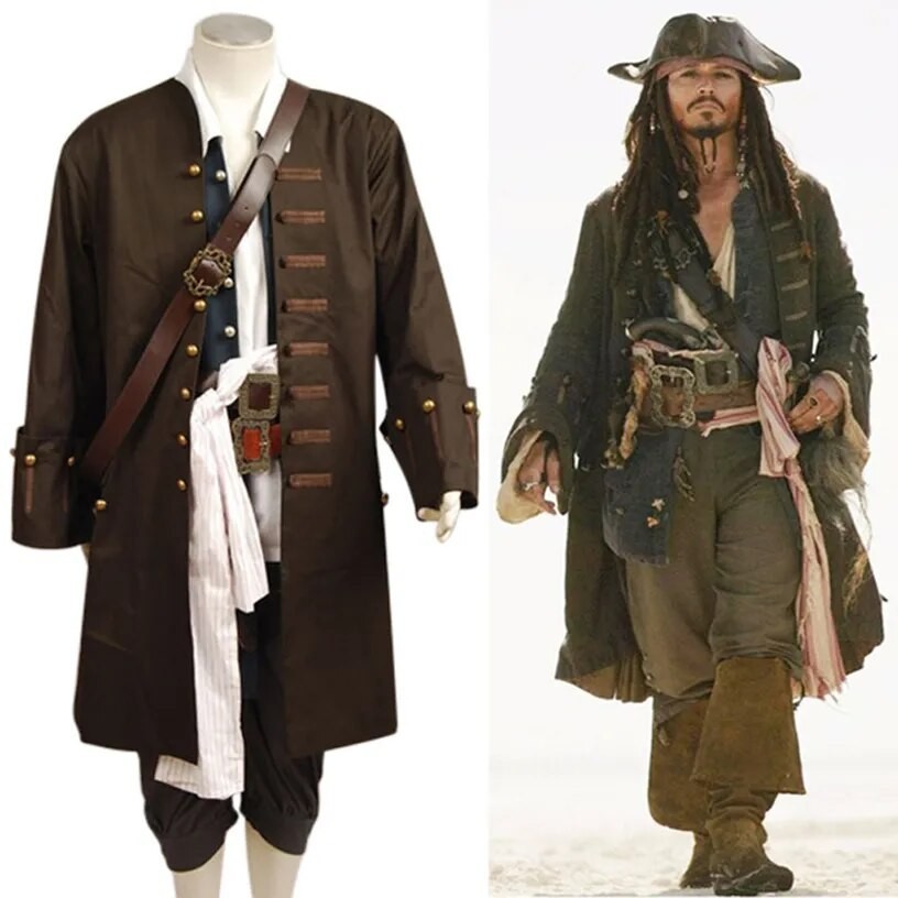 Pirate cosplay costume Pirates Of The Caribbean Jack Sparrow Jacket Vest Belt Shirt Pants Costumes