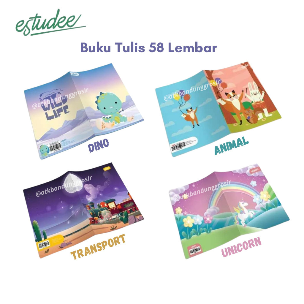 

Buku Tulis Estudee 58 Lembar Kwarto / Quarto Motif Dino Animal Transportation Unicorn Buku Tulis Sekolah – Jual Pak ( 10 Pcs )- SHSNP