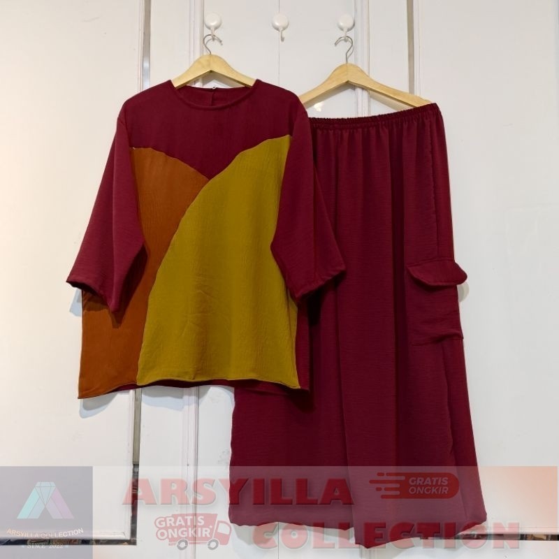 PROMO | MINERVA ONE SET CARGO JUMBO | Setelan Celana Cargo Wanita Kekinian Jumbo LD 130cm Crinkle Ai