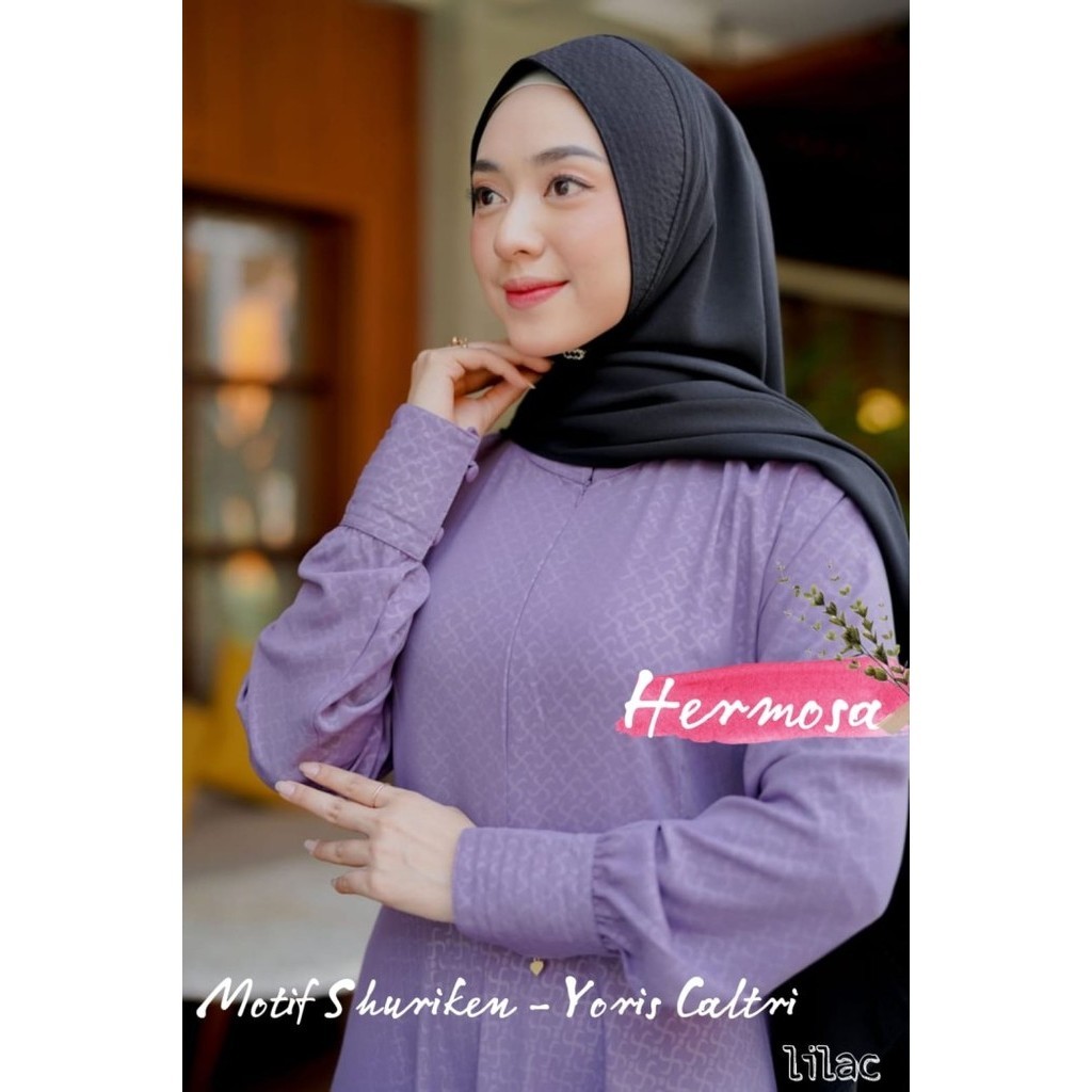 Gamis hermosa motif shuriken lilac/gamis lilac murah/gamis ungu murah - S