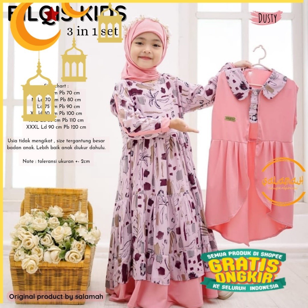 Gamis anak BILQIS KIDS | Plus jilbab pasmina inner slup tanpa jarum dan outer cantik | usia 2 - 15 t