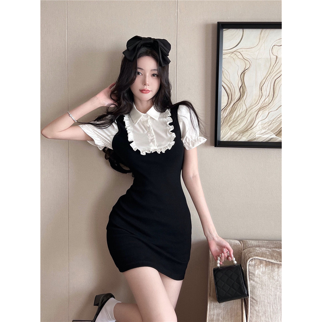 Mini Dress Hitam Kawai dengan Kerah - Dress Casual Kasual Hitam / Korean Style Dress Korea / Dress I