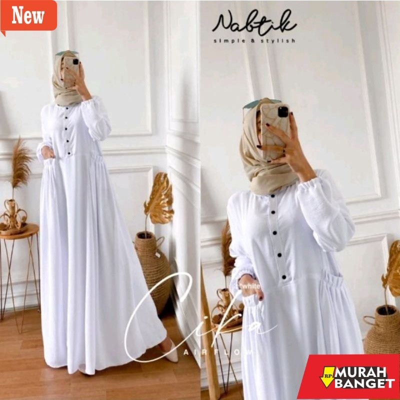 Gamis yang terbaru- gamis cika/ gamis cika nabtik/gamis polos/ gamis putih polos/gamis kringkle air 