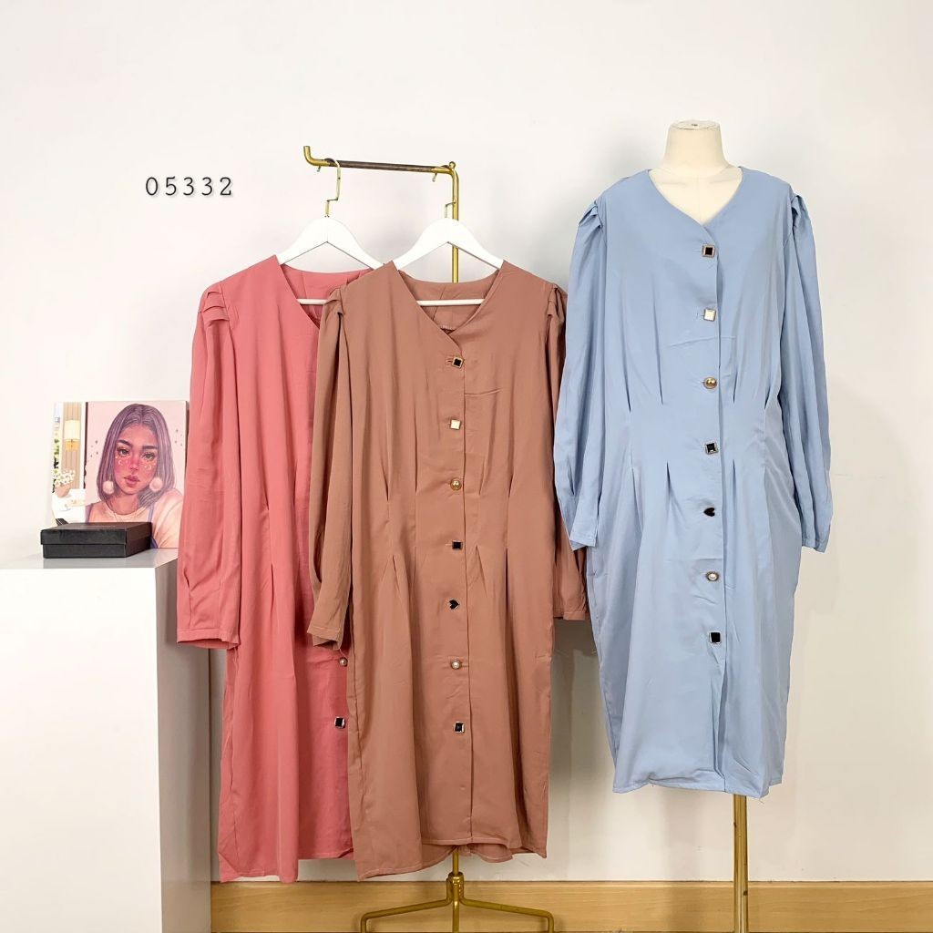 TUNIK SLIKY POLOS VARIASI BUTTON RANDOM PETAK / BULAT / LOVE / AND PEARL LEHER V NECK LENGAN PANJANG